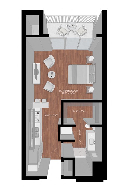 Floor plan for studio, 1 bath, 604 sqft